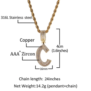 Iced out gold letter C pendant with AAA+ zircon stones on a 24-inch rope chain