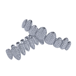 Silver hiphop grillz set with micro-inlaid white zircons on 8-tooth fangs for men