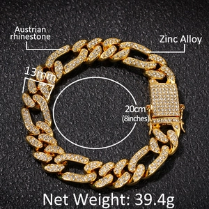Close-up of 13mm gold Cuban link bracelet with Austrian rhinestones and square clasp