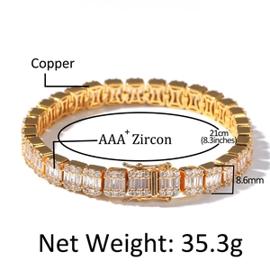 Detail of 8.6mm gold hip hop bracelet showing copper base and AAA+ cubic zirconia stones