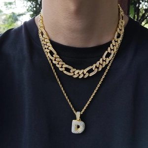 Hiphop gold Cuban link chain set with iced out D pendant and rope necklace for men