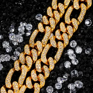 Hip Hop Men Alloy Rhinestone Cuban Link Figaro Chain Necklace Iced Out Gold Silver Plated Streetwear Jewelry Accessories