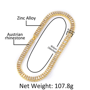 Detail of 9.6mm wide hip hop tennis chain with rectangular Austrian rhinestones