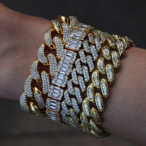 Hip hop gold plated Cuban link bracelet set with square baguette and round cubic zirconia