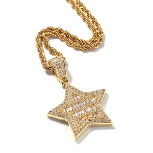 Collar hip hop dorado con colgante de estrella, circones rectangulares y cadena de cuerda