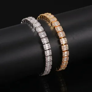 Hip Hop Baguette Zirconia Bracelet For Men Iced Out Geometric Copper Bracelet Gold Silver Plated Street Fashion Jewelry