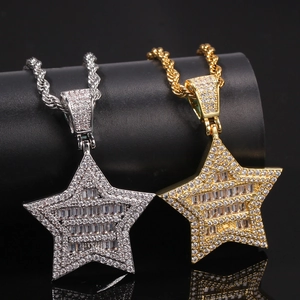 Collares de estrella iced-out en oro y plata con colgante de circón y cadena de cuerda hip hop