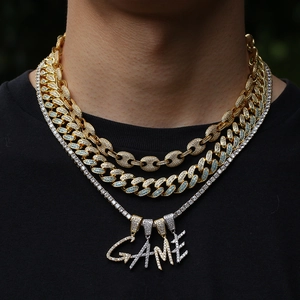 Three-layer iced out hip hop necklace set with GAME pendant and CZ stones for men