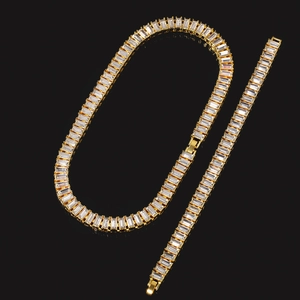 Hip hop style gold plated necklace and bracelet set with baguette cut cubic zirconia