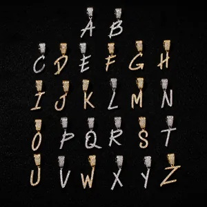 Macro display of full set A-Z iced out hip hop letter pendants with zircon inlays