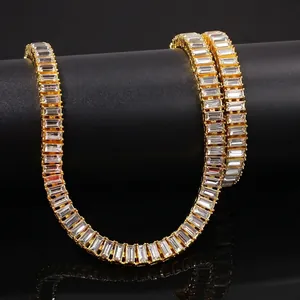 Hip Hop Baguette Cut Zirconia Tennis Necklace Alloy Gold Plated Sparkly Chain Jewelry For Men Women Luxurious Streetwear Style