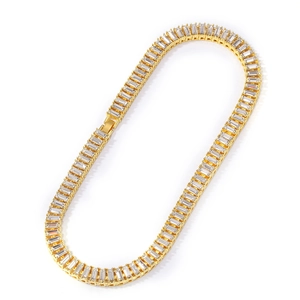 Men's hip hop gold plated tennis necklace with baguette cut cubic zirconia stones