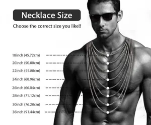 Size chart showing hip hop 15mm link necklace lengths from 18 to 36 inches on a male model