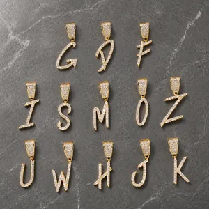 Custom gold plated cursive letter pendants with iced out cubic zirconia for hip hop chains