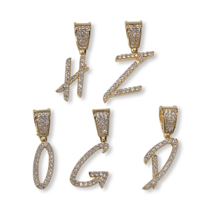 Gold plated hip hop cursive letter pendants with sparkling cubic zirconia stones