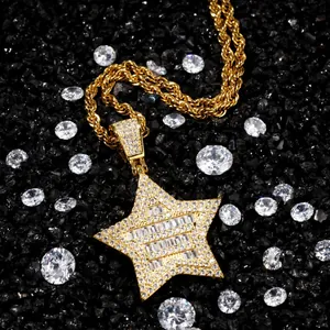 Collar de Pendiente de Estrella de Cinco Puntas Hip Hop Pendiente de Cobre Zirconia Cadena de Cuerda Cubana de Acero Inoxidable Joyería Unisex