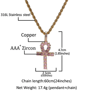Detailed view of gold Ankh cross pendant with pink zircon and size measurements