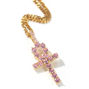 Iced out Ankh key pendant necklace with pink stones and golden cuban link chain