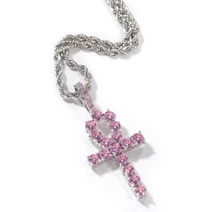 Detail view of silver Ankh key pendant with pavé pink stones on a classic rope chain