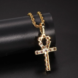 Hip-hop gold Ankh cross necklace with pink zircon stones on a classic rope chain