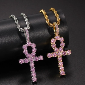 Hip hop Ankh cross necklaces in gold and silver with pink zircon and rope chain