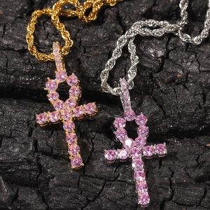 Iced out Ankh key cross pendant necklace with pink zircons in gold and silver finish