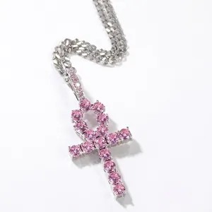 Hip Hop Ankh Cross Pendant Necklace Stainless Steel Rope Chain Pink Blue Zircon Inlaid Jewelry For Men Women Streetwear