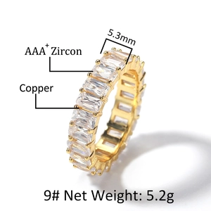 Detail view of 5.3mm gold hip hop ring showing AAA+ zircon pavé and copper material