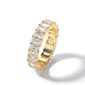 Men's hip hop gold ring with baguette cut cubic zirconia in eternity channel setting