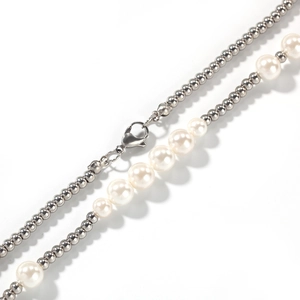 Collana hip hop con perle e sfere in acciaio inossidabile con chiusura a moschettone argento
