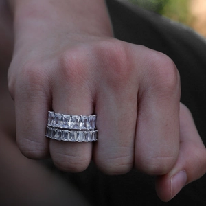 Men's hip hop silver ring with double row of emerald-cut cubic zirconia crystals