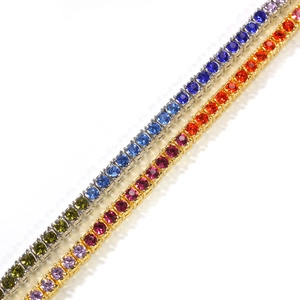 Hip hop tennis bracelet with 4mm colorful rhinestones in silver and gold metal finish