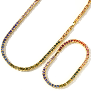 Detail of 4mm rainbow tennis jewelry set with colorful zircons on gold-plated links