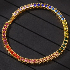 Mens hip hop 4mm rainbow tennis bracelet with colorful rhinestones in gold finish