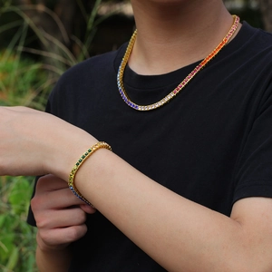 Men's hip hop gold plated 4mm tennis chain jewelry set with rainbow cubic zirconia stones