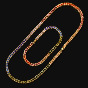 Detail of 4mm rainbow tennis chain bracelet and necklace set with gold-plated alloy