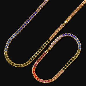 Macro detail of 4mm rainbow rhinestone tennis bracelet with colorful gradient stones