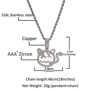Detailed specs showing a devil pendant with AAA+ cubic zirconia and 316L chain dimensions