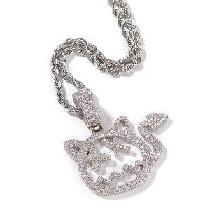 Hiphop devil cat pendant necklace with silver finish and sparkling iced out crystals