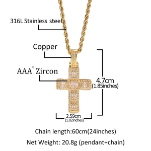 Pendentif croix hip hop classique doré avec détails en zircon AAA+ et mesures