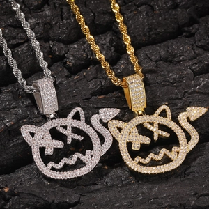 Hip hop style devil pendant necklace with zircon inlay and rope chain in gold and silver