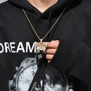 Hiphop-Halskette für Herren mit Zirkonia-Schmetterlingsanhänger und goldener Kordelkette