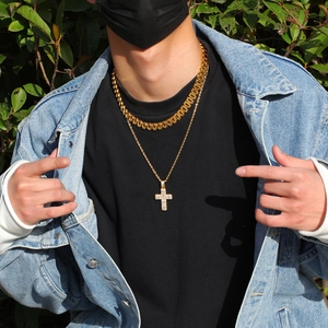 Collier hip hop classique doré à deux couches avec pendentif croix en zircon pour homme