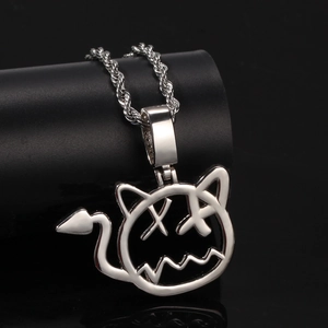 Cartoon devil pendant necklace with zircon inlay and polished rope chain for street style