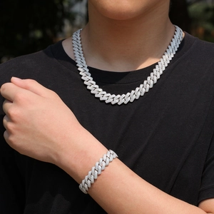 Ensemble collier et bracelet cubain hip hop argenté pour homme avec pierres de zircon