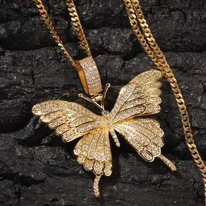 Hip Hop Schmetterling Anhänger Halskette Mikro Pave Zirkonia Kupfer Schmuck Gold Silber Seilkette Für Damen Herren
