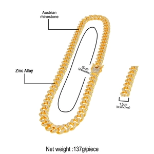 Close-up of 13mm gold plated Cuban link chain with detailed measurement and Austrian rhinestones
