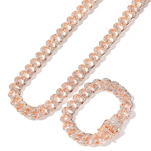 Iced out 13mm Cuban link necklace and bracelet set in rose gold with shiny zircons