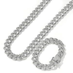 Men's hip hop 13mm silver Cuban link chain with pavé crystals and square clasp