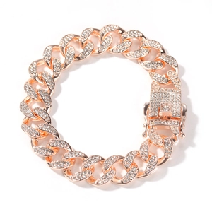 Close-up of 13mm rose gold Cuban link bracelet with iced out crystals and square clasp